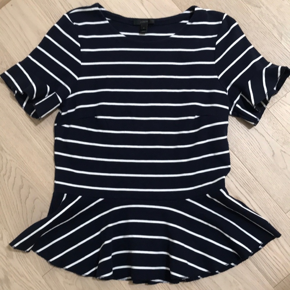 J. Crew navy and white striped peplum blouse